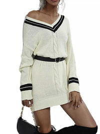 V-Neck Striped Trim Cable Knit Sweater Dress 100100385204687 52 Affordable Fashion Under $100 Jerry's Apparel 