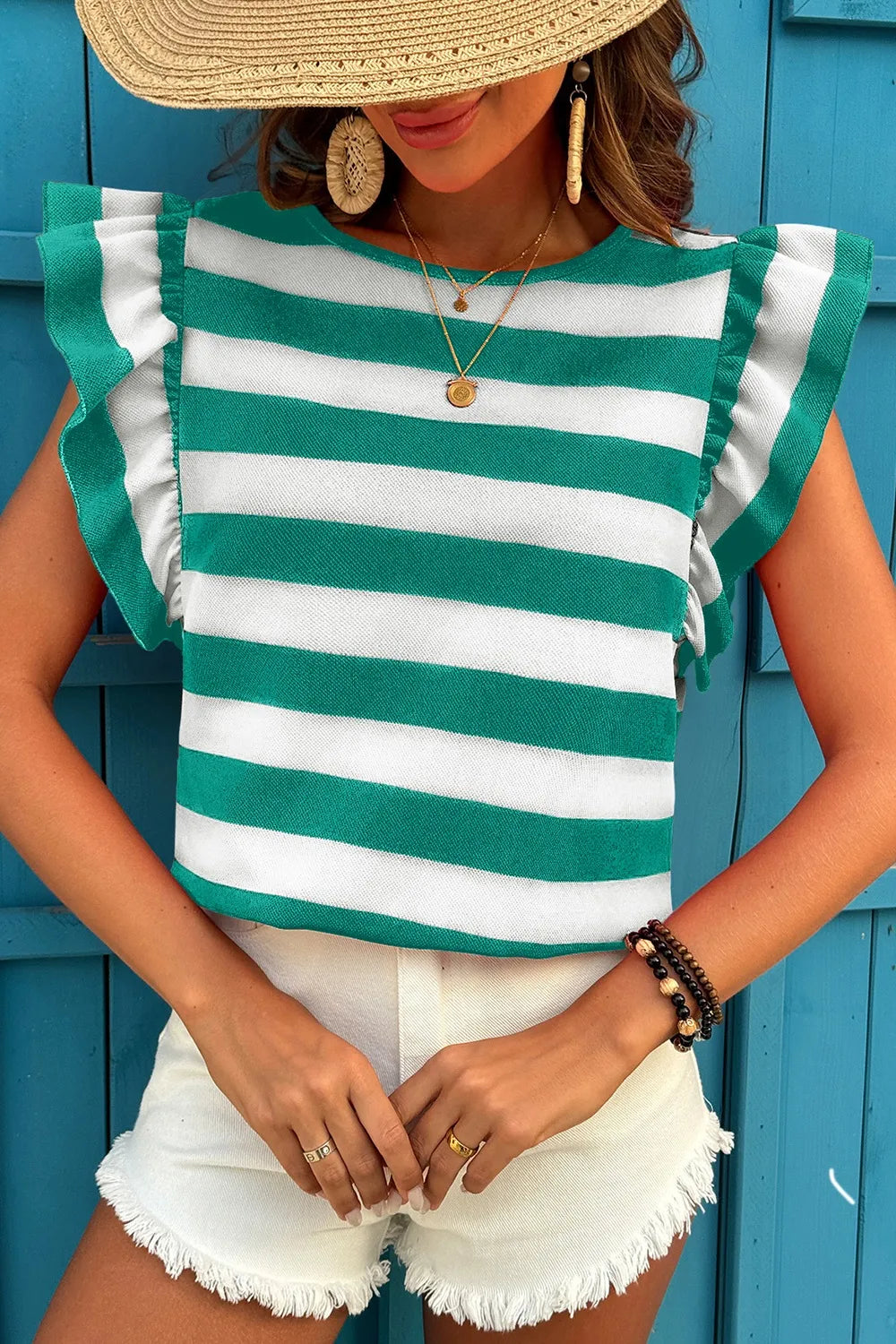 Ruffle Sleeve Striped T-Shirt