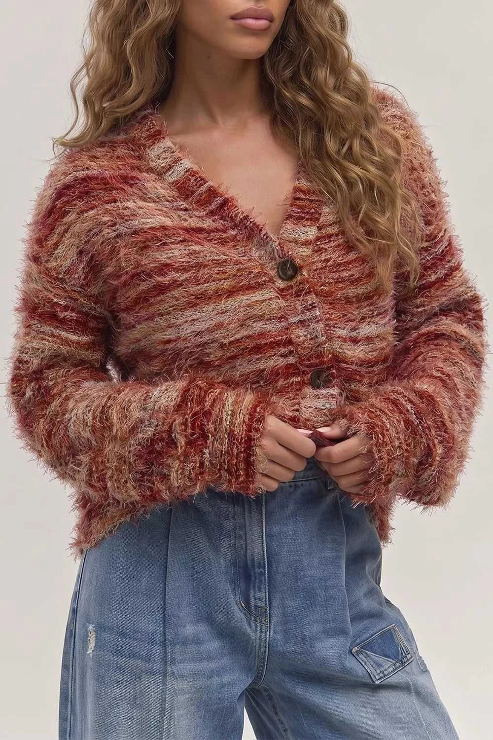 Fuzzy Striped Button Front Cardigan Sweater 100100382031613 39 Affordable Fashion Under $100 Jerry's Apparel 