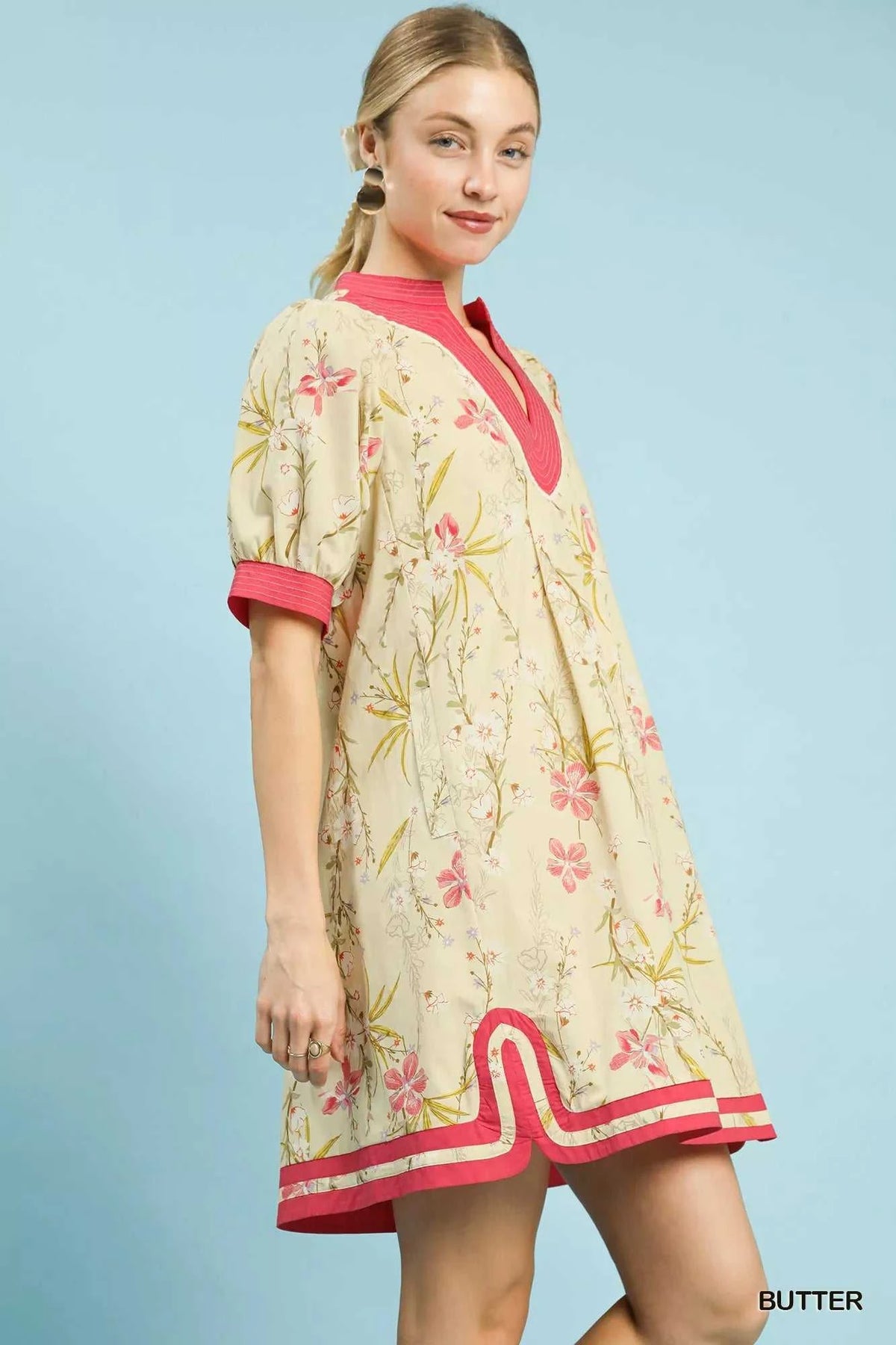 Umgee Floral Puff Sleeve Dress with Contrast Trim 100100153901822 62 Gifts for Her Jerry's Apparel 