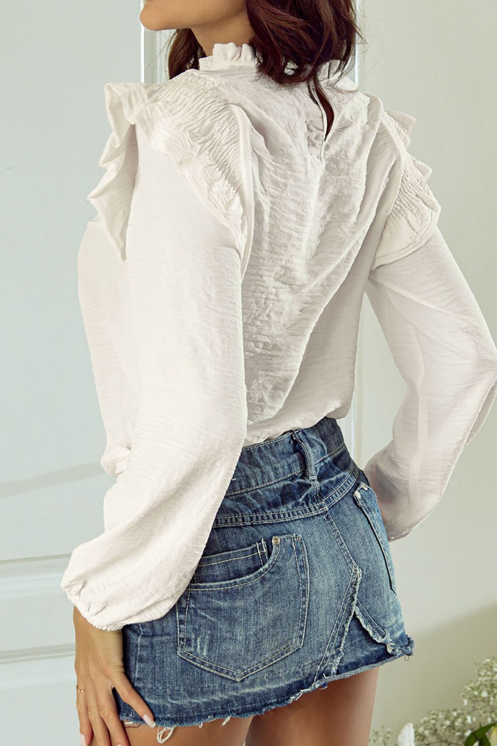 Frill Mock Neck Ruffled Balloon Sleeve Blouse