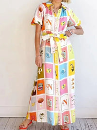 Colorful Print Tie Waist Maxi Shirt Dress