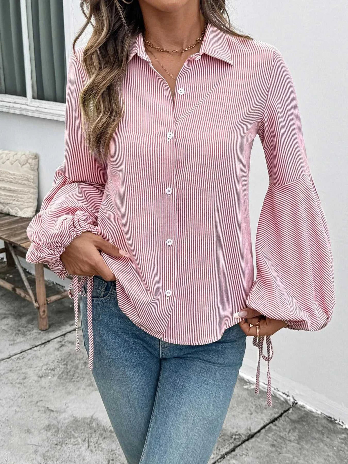 Striped Balloon Sleeve Button-Up Shirt 100100399150102 57 Affordable Fashion Under $100 Jerry's Apparel 