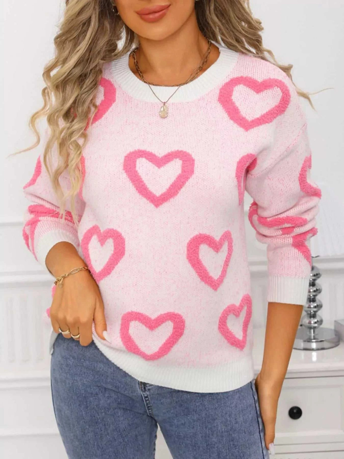 Valentine's Day Heart Pattern Round Neck Sweater 100100472947296 49 Affordable Fashion Under $100 Jerry's Apparel 
