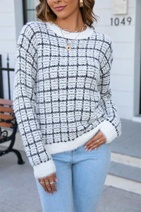 Angel Wings Plaid Round Neck Long Sleeve Pullover Sweater