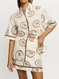 Printed Button Up Shirt and Skirt Set