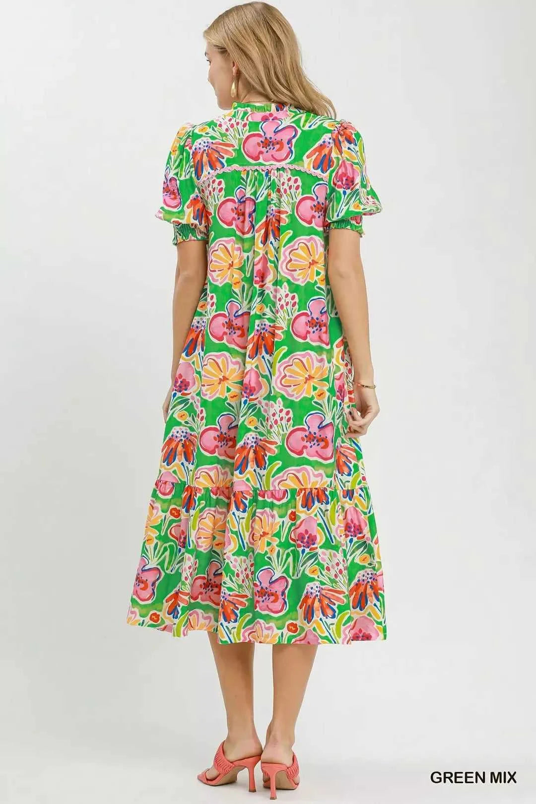 Umgee Floral Print Puff Sleeve Tiered Midi Dress 100100598261469 64 Affordable Fashion Under $100 Jerry's Apparel 