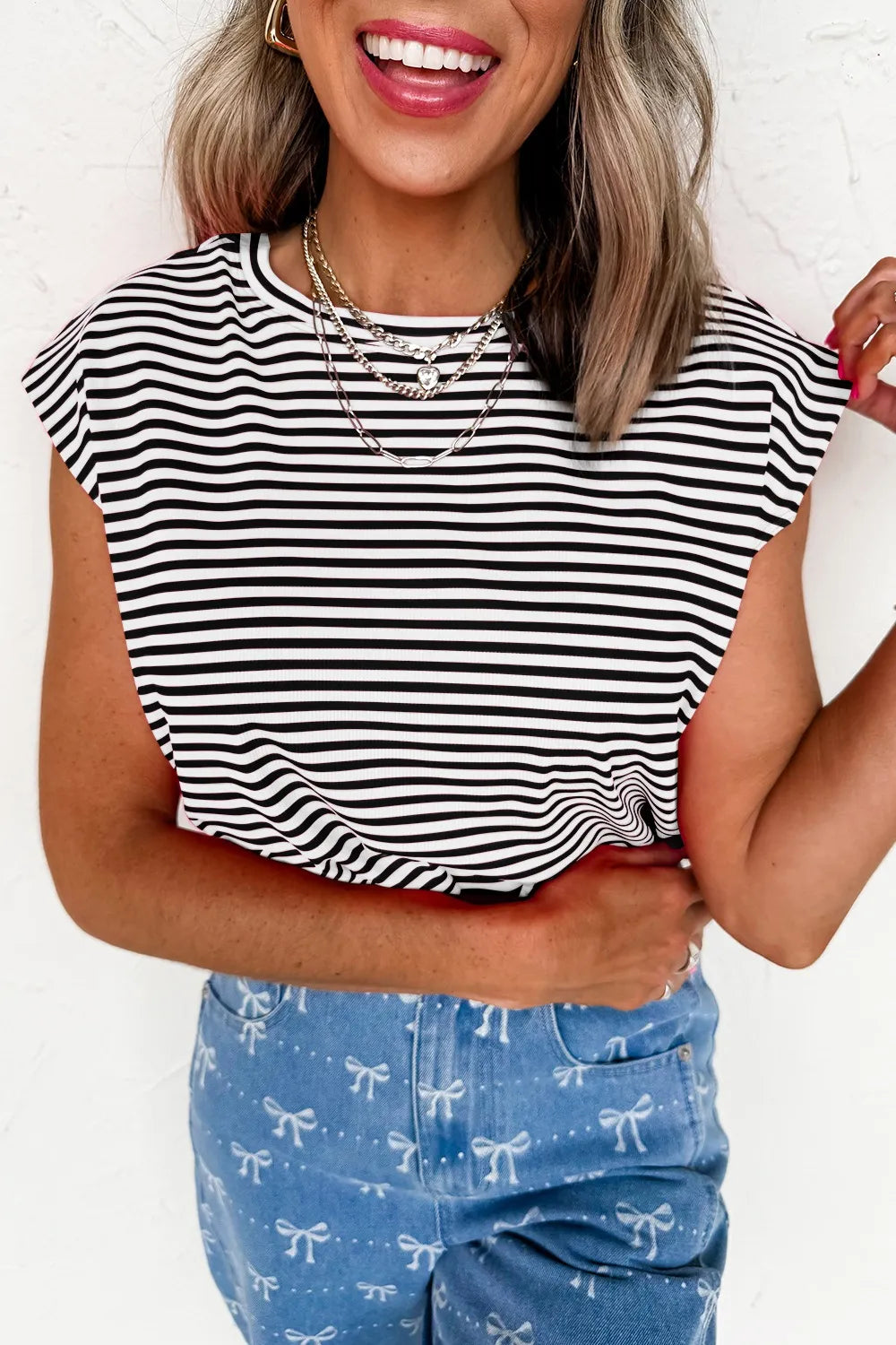 Striped Round Neck Cap Sleeve T-Shirt