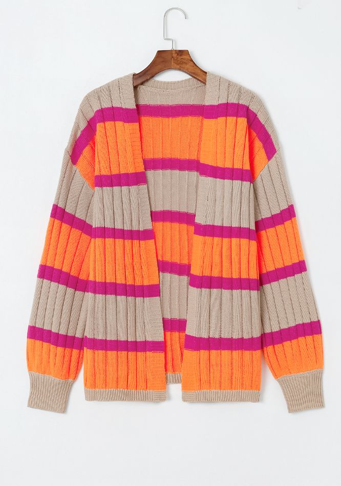 Contrast Striped Drop Shoulder Open Front Cardigan