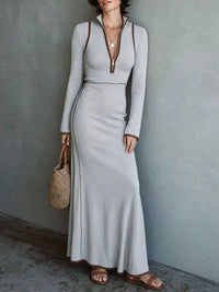 Full Size Contrast Trim Zip-Up Long Sleeve Knit Maxi Dress Plus Size 101002329716993 50 Affordable Fashion Under $100 Jerry's Apparel 