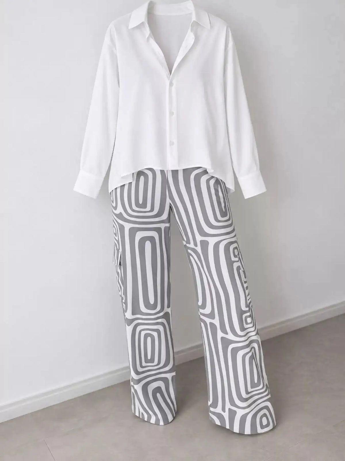 Full Size Chic Button-Down Shirt and Geometric Wide-Leg Pants Set Plus Size 101001328300968 50 Affordable Fashion Under $100 Jerry's Apparel 