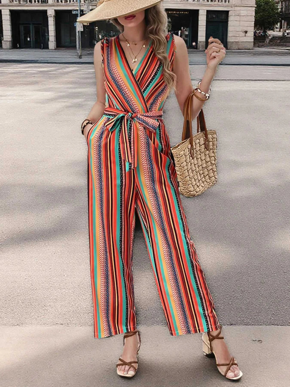 Striped Sleeveless Tie Waist Jumpsuit 100100497230467 28 Affordable Fashion Under $100 Jerry's Apparel 