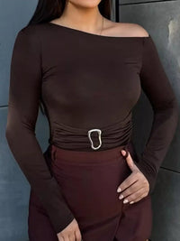 Asymmetrical One-Shoulder Long Sleeve T-Shirt with Metal Buckle Detail 101001662163144 30 Affordable Fashion Under $100 Jerry's Apparel 
