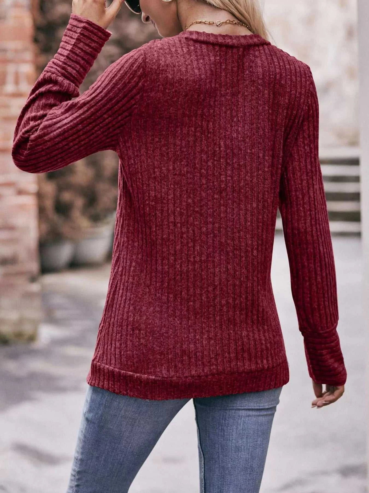 V-Neck Ribbed Knit Long Sleeve T-Shirt 100100748461046 28 Affordable Fashion Under $100 Jerry's Apparel 