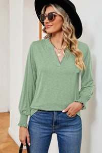 Smocked Notched Long Sleeve T-Shirt