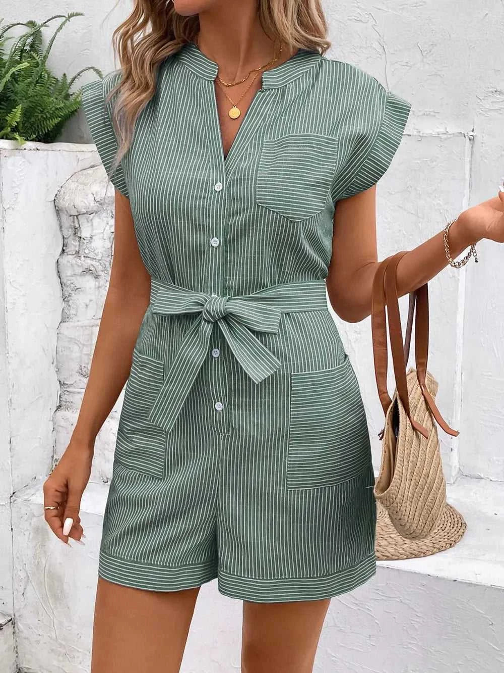 Perfee Striped Notched Tie Waist Romper 100100531531771 37 Affordable Fashion Under $100 Jerry's Apparel 