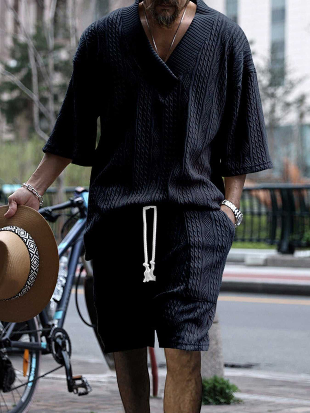 Men's Full Size Casual Knit V-Neck Short Sleeve Top and Shorts Set Plus Size 100400200384867 38 Men's Sets Jerry's Apparel 