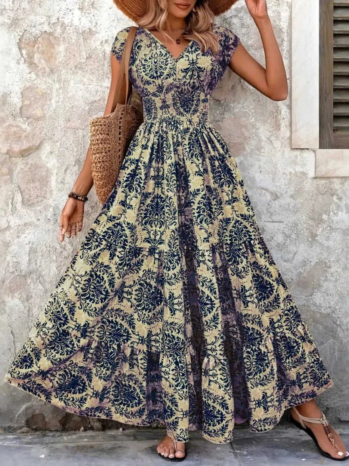 Full Size Printed V-Neck Tiered Maxi Dress Plus Size 100100096069770 30 Affordable Fashion Under $100 Jerry's Apparel 