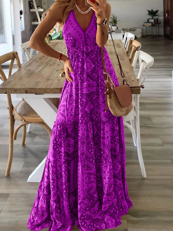 Full Size Printed V-Neck Maxi Cami Dress Plus Size
