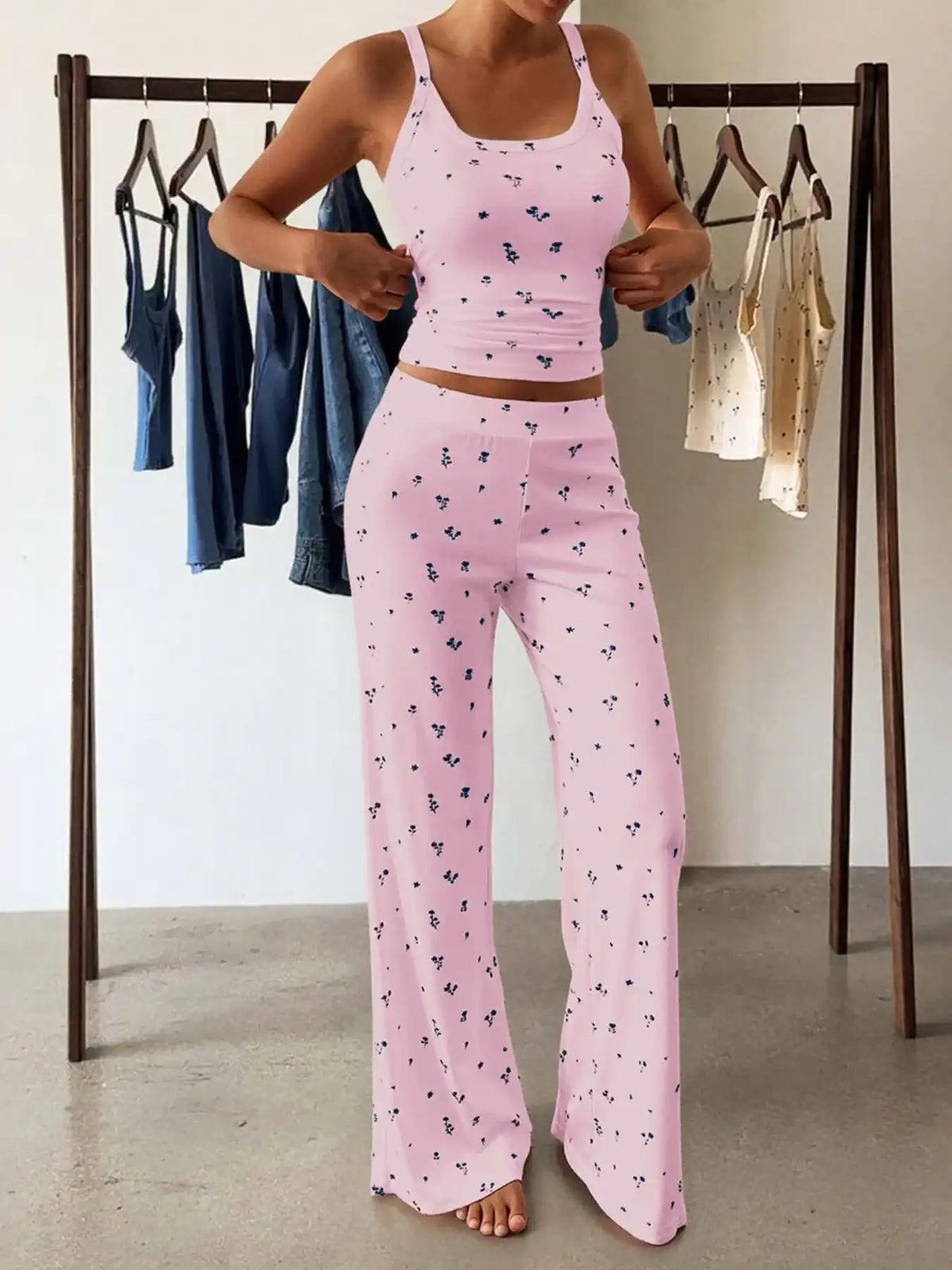 Floral Ribbed Cami and Wide Leg Pants Set 100100257950091 49 Gifts for Her Jerry's Apparel 