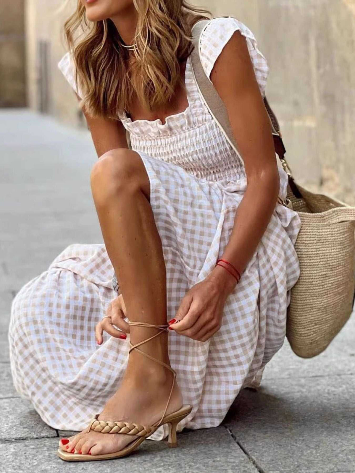 Ruffled Sleeveless Gingham Midi Dress 100100350034223 45 Affordable Fashion Under $100 Jerry's Apparel 
