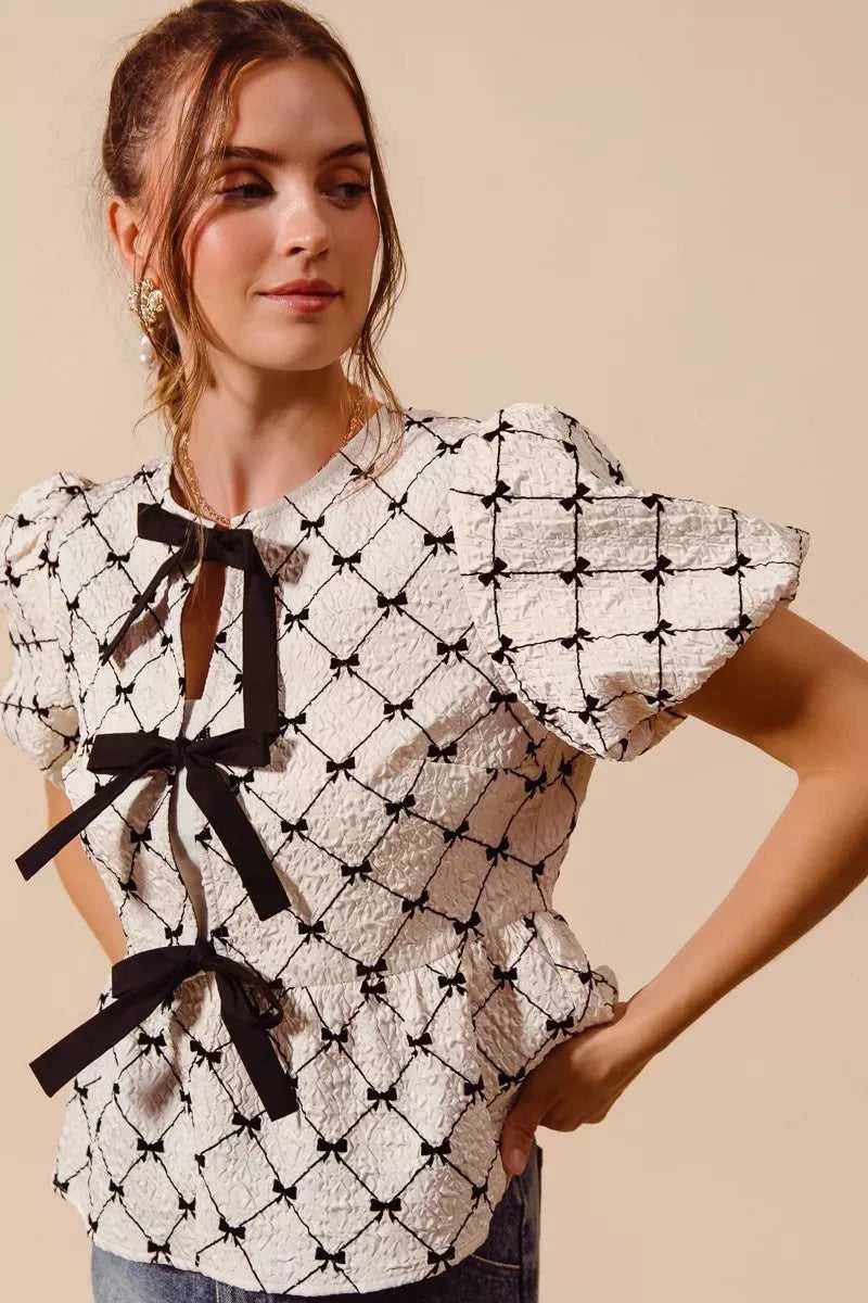 SO ME Bow Texture Woven Peplum Top With Contrast Tie 100100696611485 51 Affordable Fashion Under $100 Jerry's Apparel 