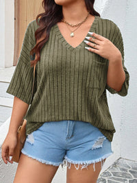 Plus Size V-Neck Ribbed Knit T-Shirt