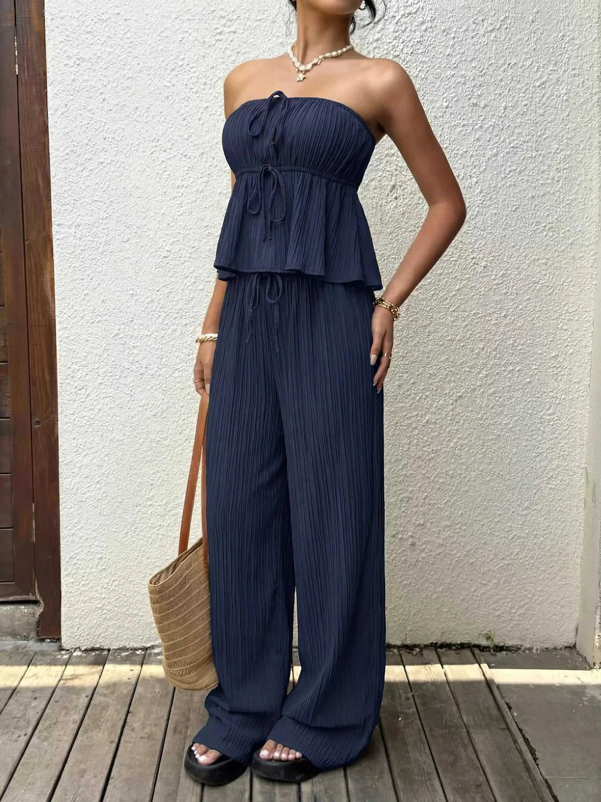 Textured Tube Top & Wide Leg Pants Set 100100753073770 41 Affordable Fashion Under $100 Jerry's Apparel 