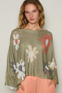 POL Flower Dropped Shoulder Long Sleeve Knit Top