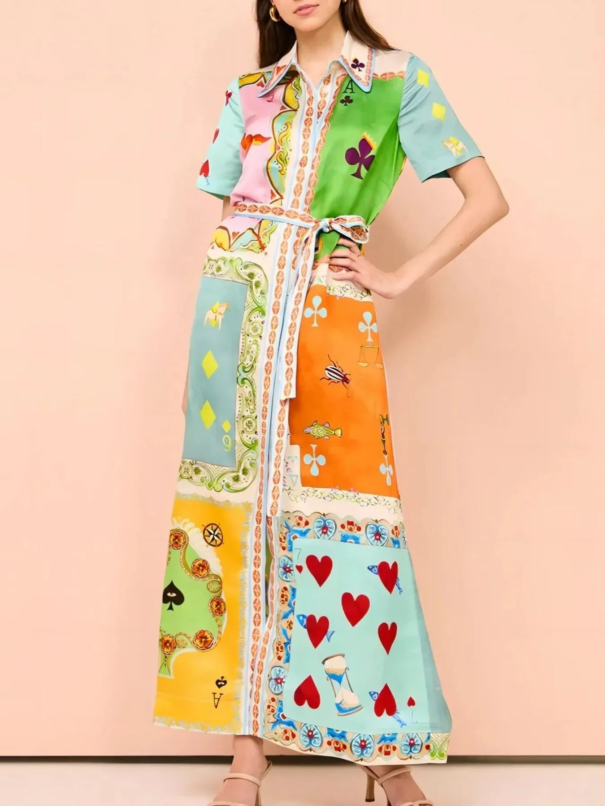 Printed Tie Waist Maxi Shirt Dress