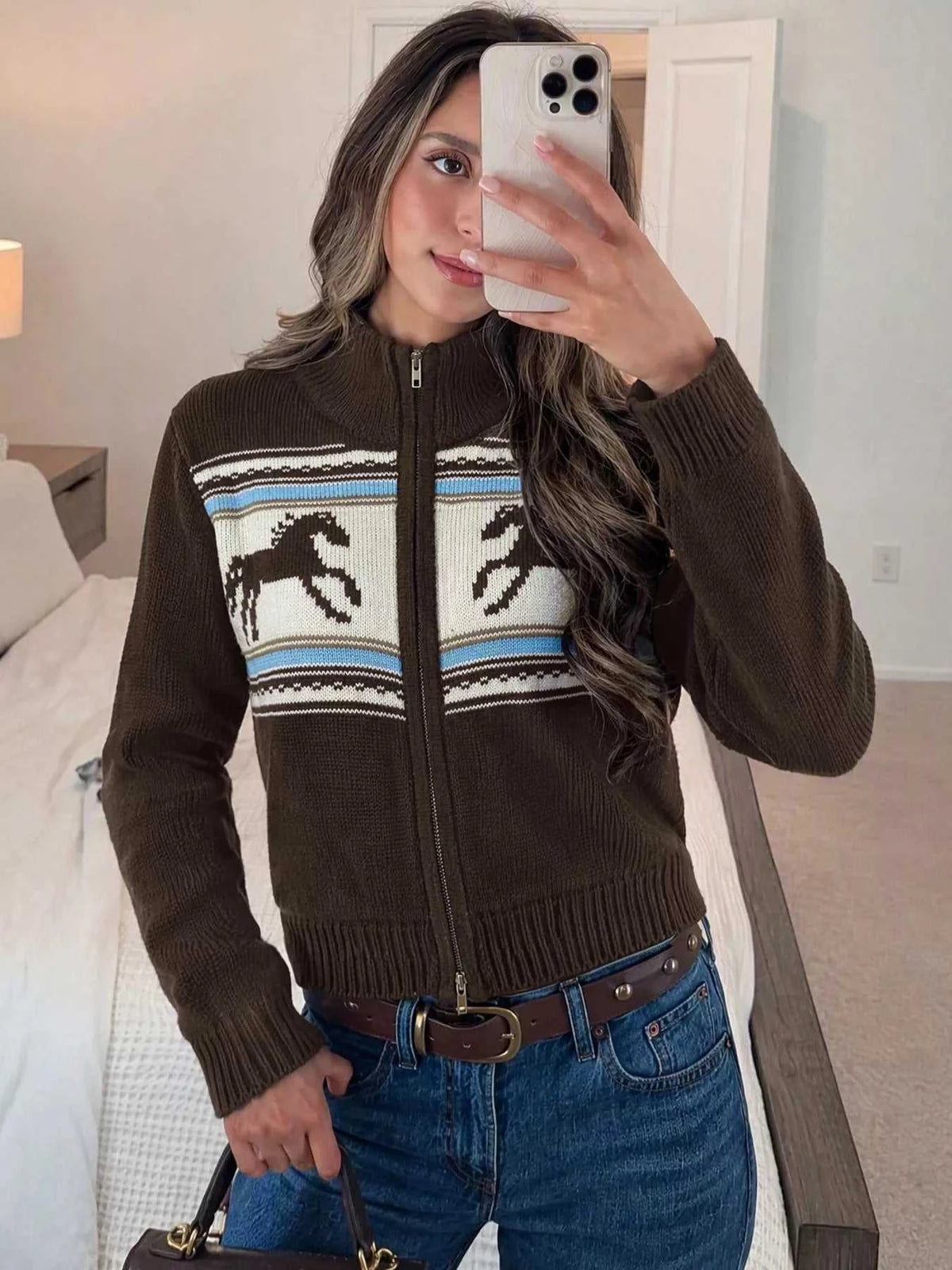 Horse Zip Up Mock Neck Cardigan 101002545431785 56 Affordable Fashion Under $100 Jerry's Apparel 