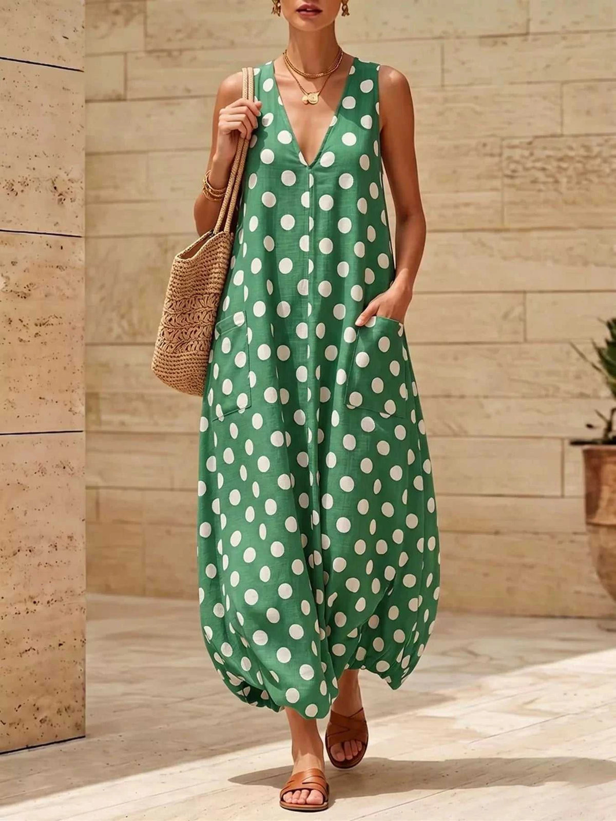 Polka Dot V-Neck Sleeveless Maxi Dress 100100165046334 32 Gifts for Her Jerry's Apparel 