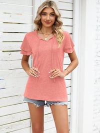 Ruffle Sleeve Keyhole Tie Neck T-Shirt