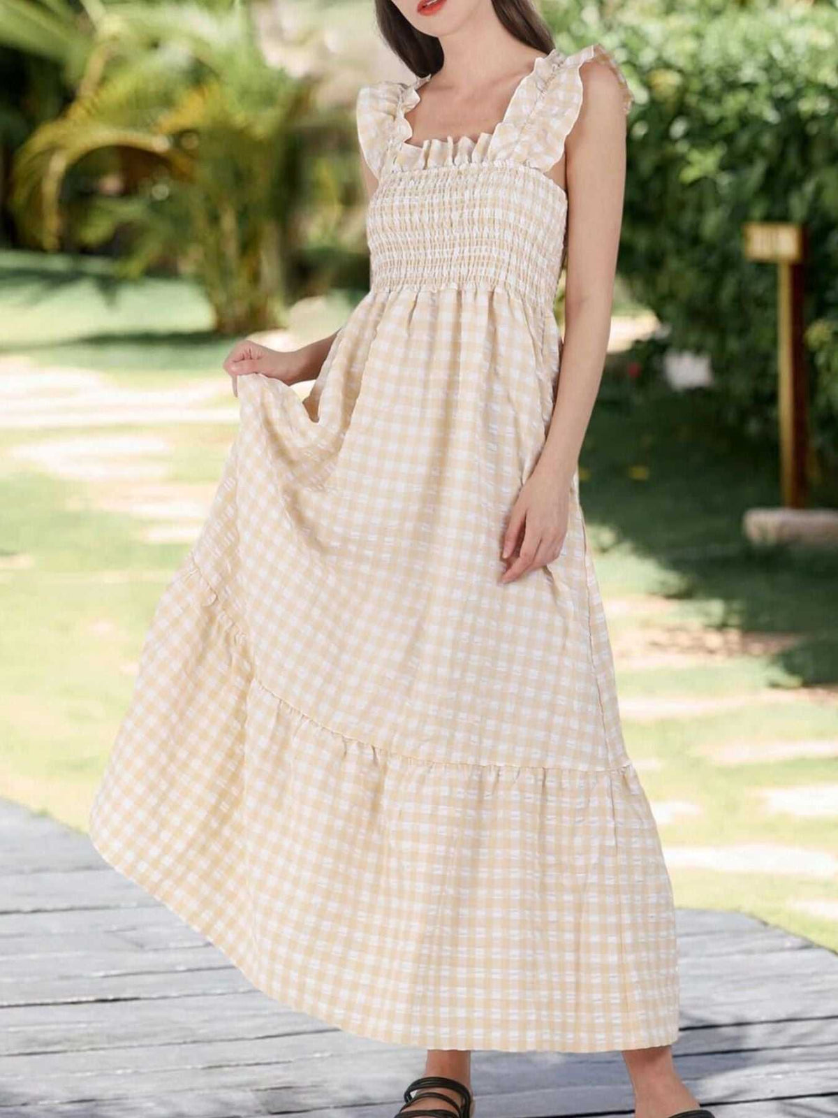Ruffled Sleeveless Gingham Midi Dress 100100350034223 45 Affordable Fashion Under $100 Jerry's Apparel 