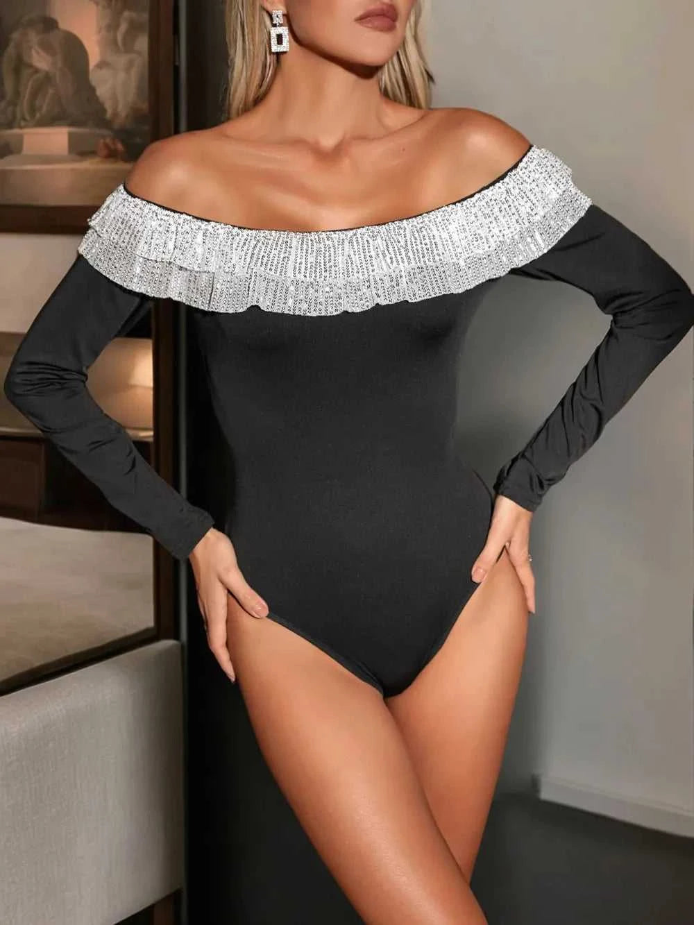 Perfee Sequin Ruffled Off-Shoulder Long Sleeve Bodysuit 100100270941605 24 Affordable Fashion Under $100 Jerry's Apparel 