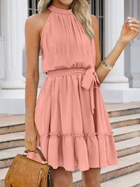 Frill Grecian Neck Tie Waist Mini Dress