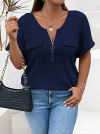 Plus Size Ribbed Half Zip Relaxed Fit T-Shirt