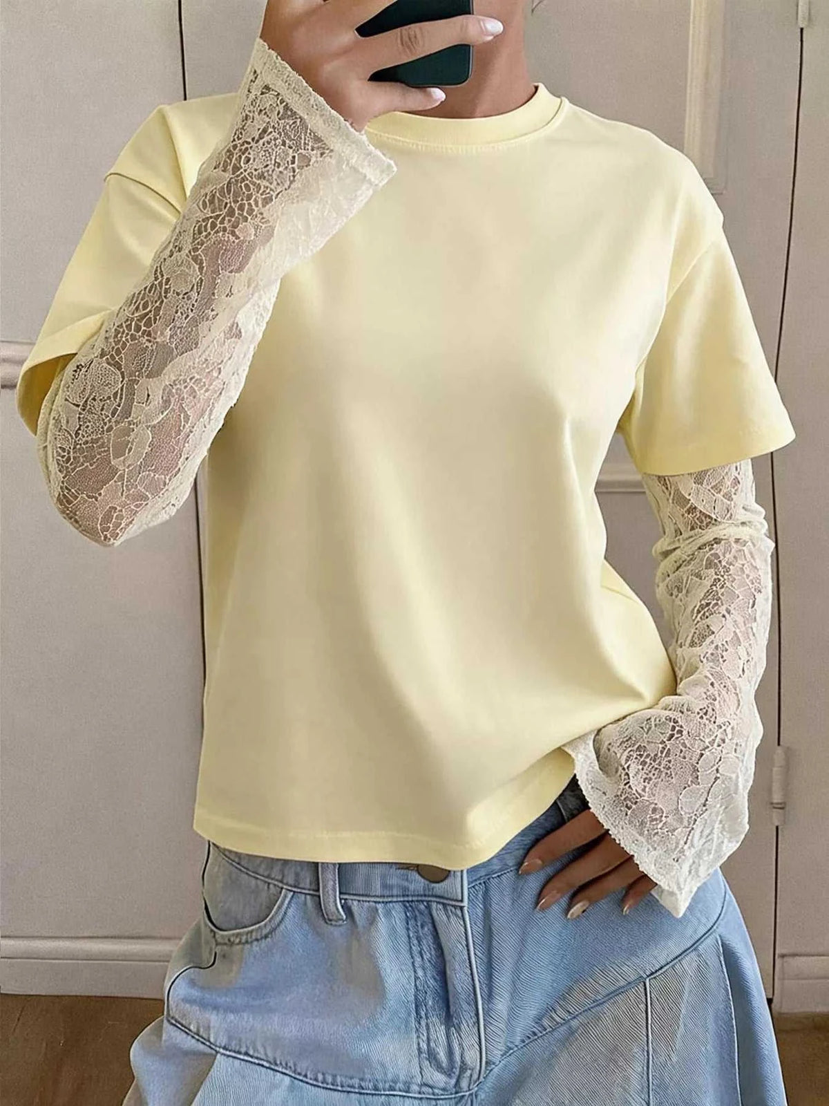 Lace Sleeve Round Neck T-Shirt 100100187372675 35 Affordable Fashion Under $100 Jerry's Apparel 