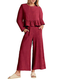 Full Size Ruffled Hem Long Sleeve Top and Pants Set Plus Size 100100344916700 44 Affordable Fashion Under $100 Jerry's Apparel 