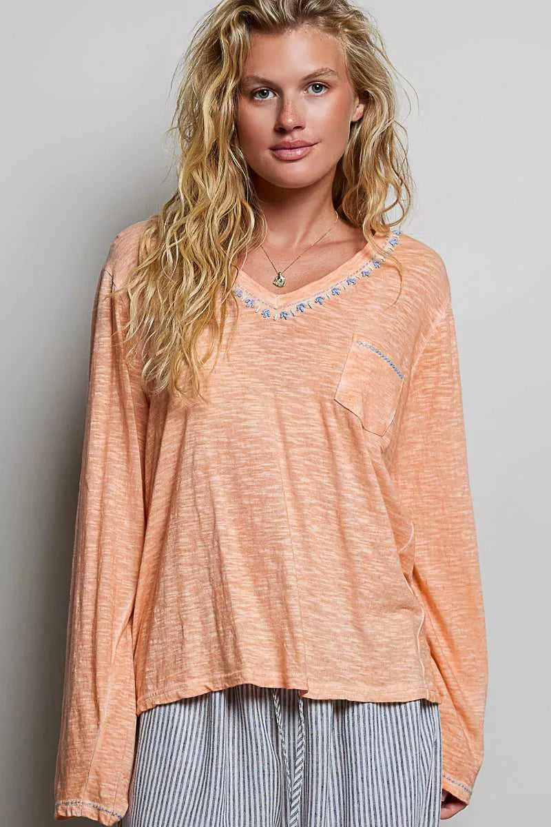 POL Contrast Stitch V-Neck Lightweight Knit Long Sleeve Top 100100688901821 43 Affordable Fashion Under $100 Jerry's Apparel 