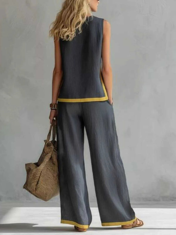 Full Size Contrast Stripe Sleeveless Top & Wide-Leg Pants Set Plus Size 100100980906866 35 Affordable Fashion Under $100 Jerry's Apparel 