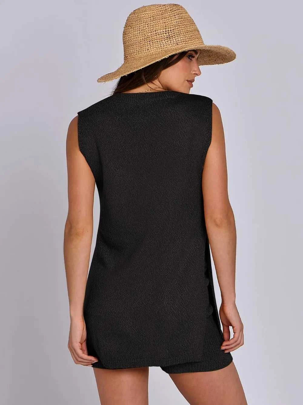 Side Slit Round Neck Tank and Ribbed Shorts Sweater Set 100100101501711 39 Affordable Fashion Under $100 Jerry's Apparel 