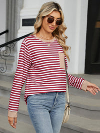 Pocketed Striped Round Neck Long Sleeve T-Shirt