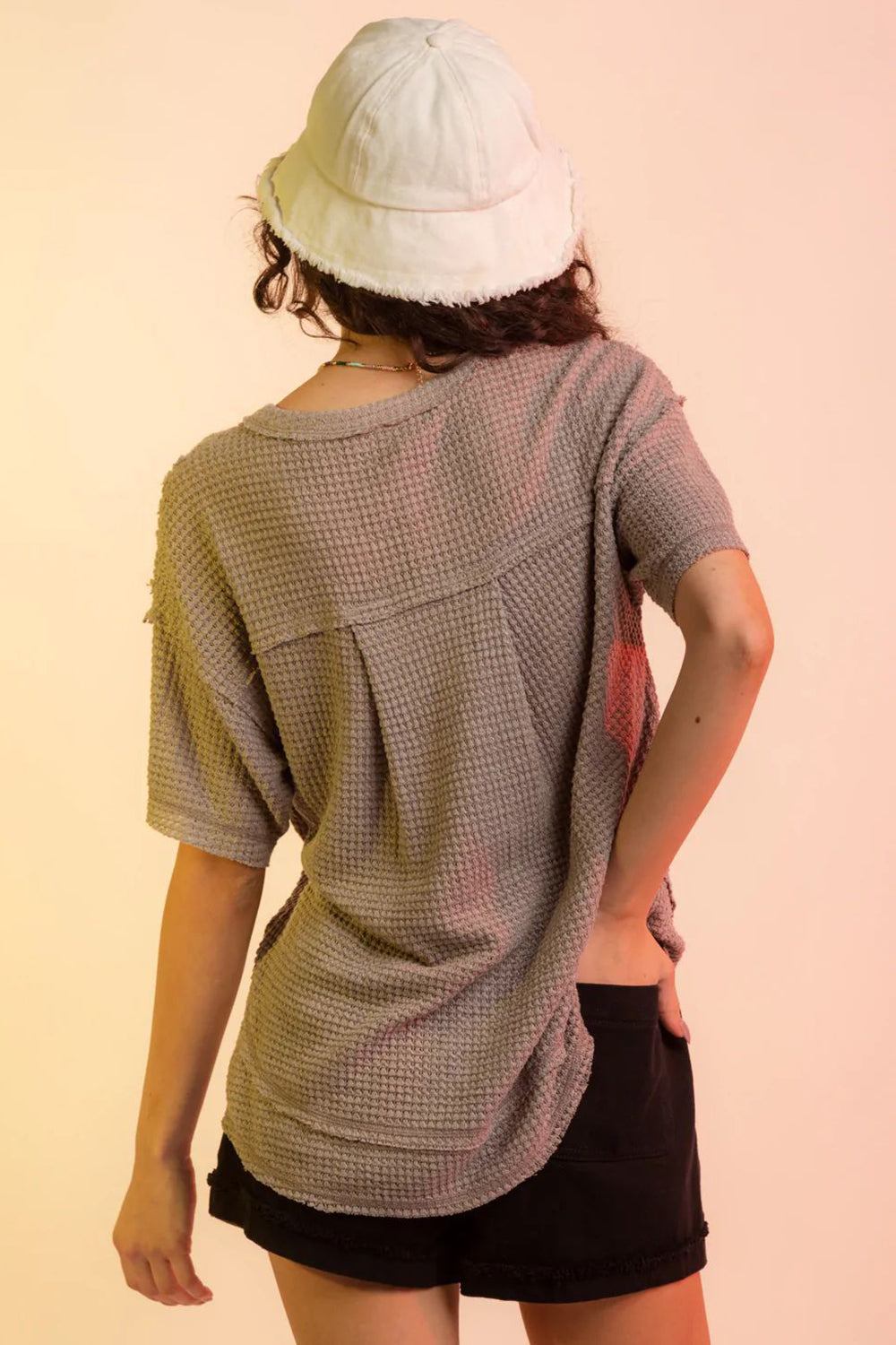 Waffle-Knit Notched Half Sleeve T-Shirt