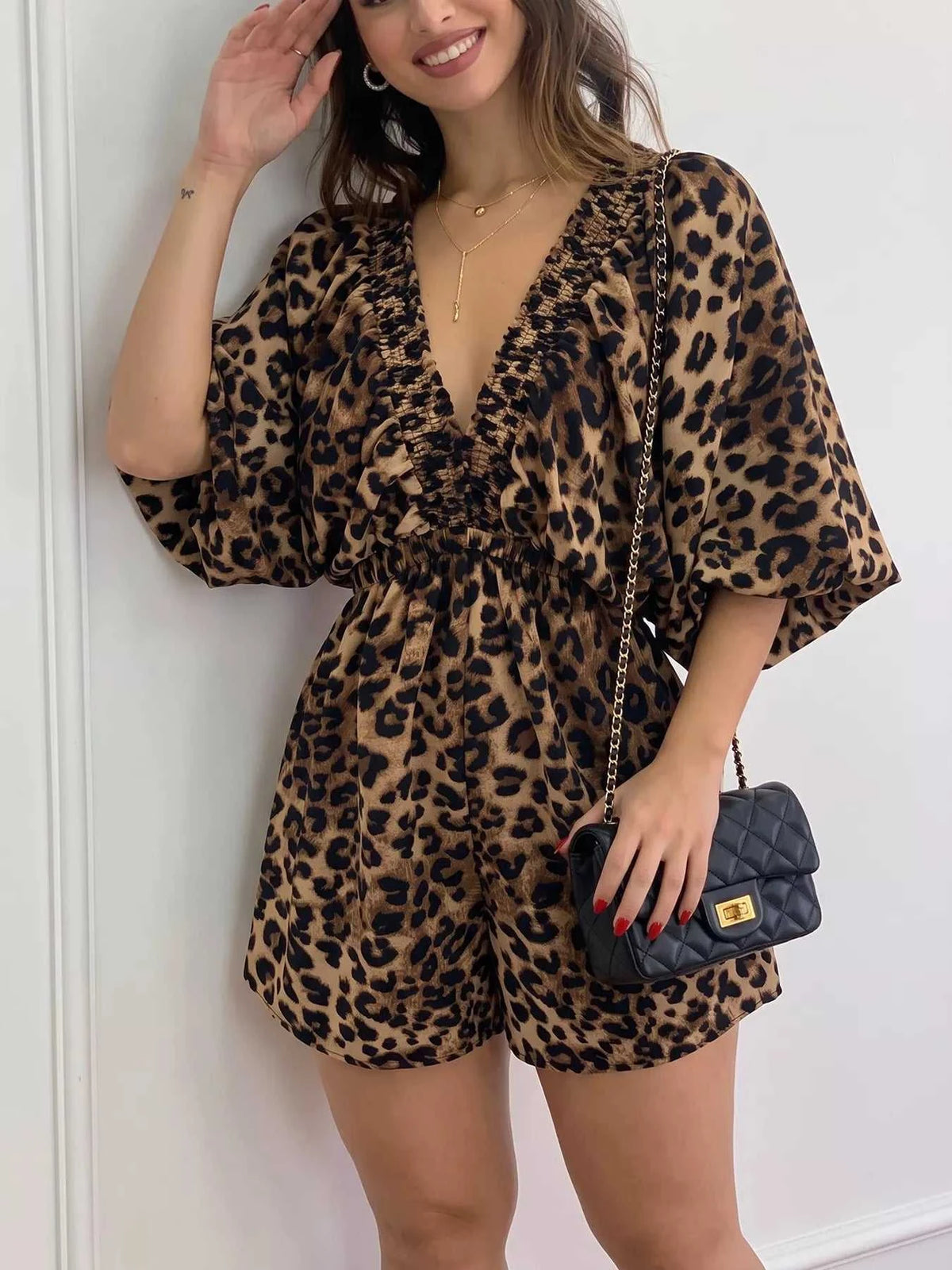 V-Neck Leopard Print Puff Sleeve Romper 101001357291965 28 Affordable Fashion Under $100 Jerry's Apparel 