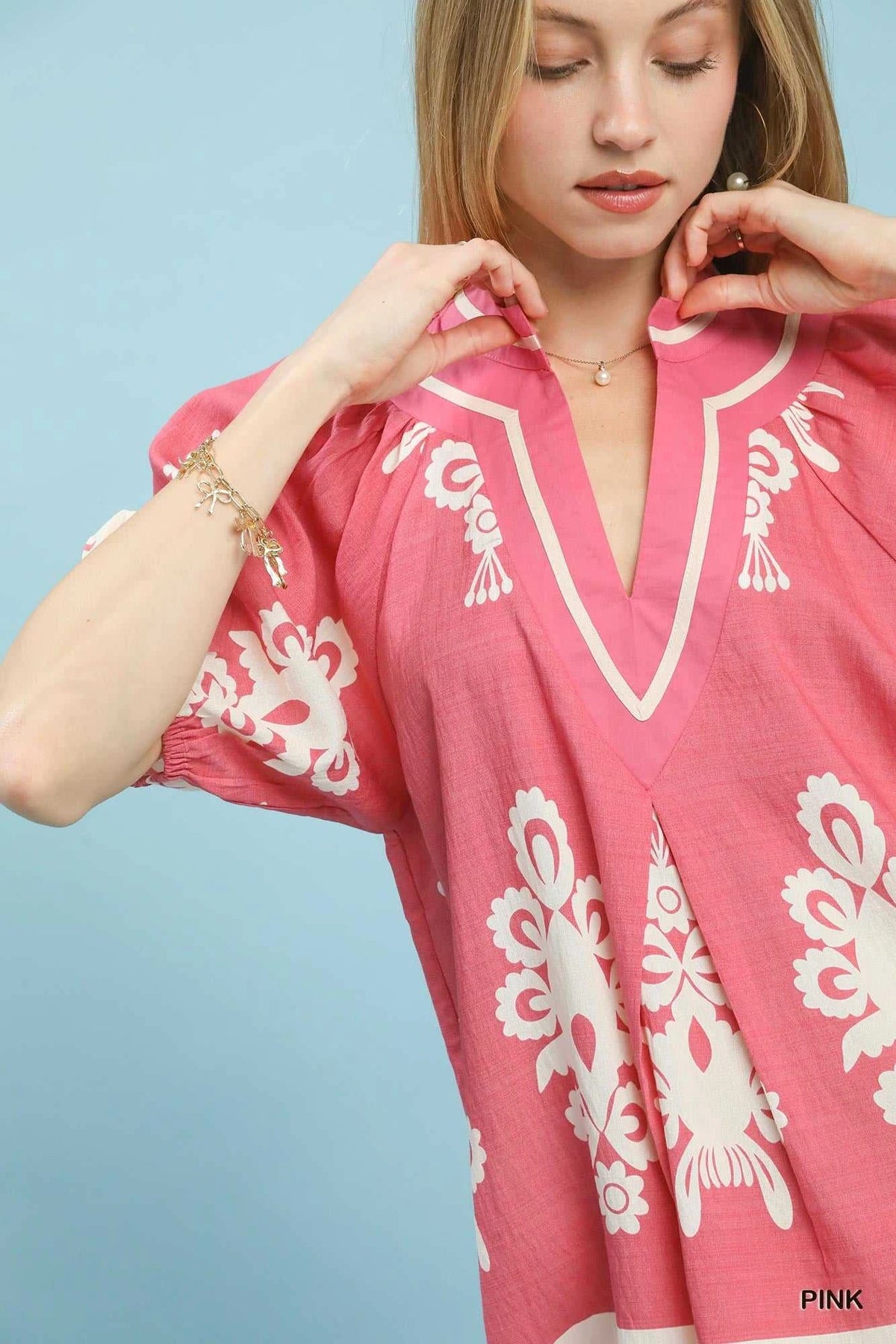 Umgee Boho Print Split-Neck Short Sleeve Top 100100075661814 47 Affordable Fashion Under $100 Jerry's Apparel 