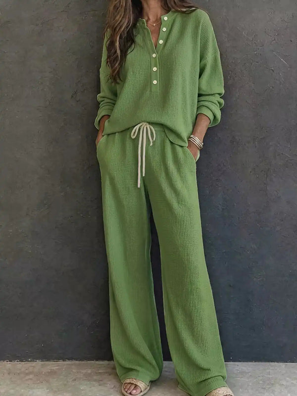 Waffle Knit Button Detail Top and Pants Set 101001629020741 57 Gifts for Her Jerry's Apparel 