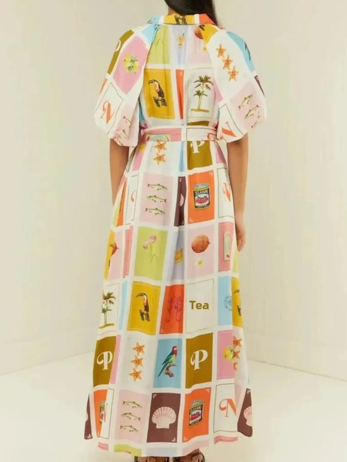 Colorful Print Tie Waist Maxi Shirt Dress