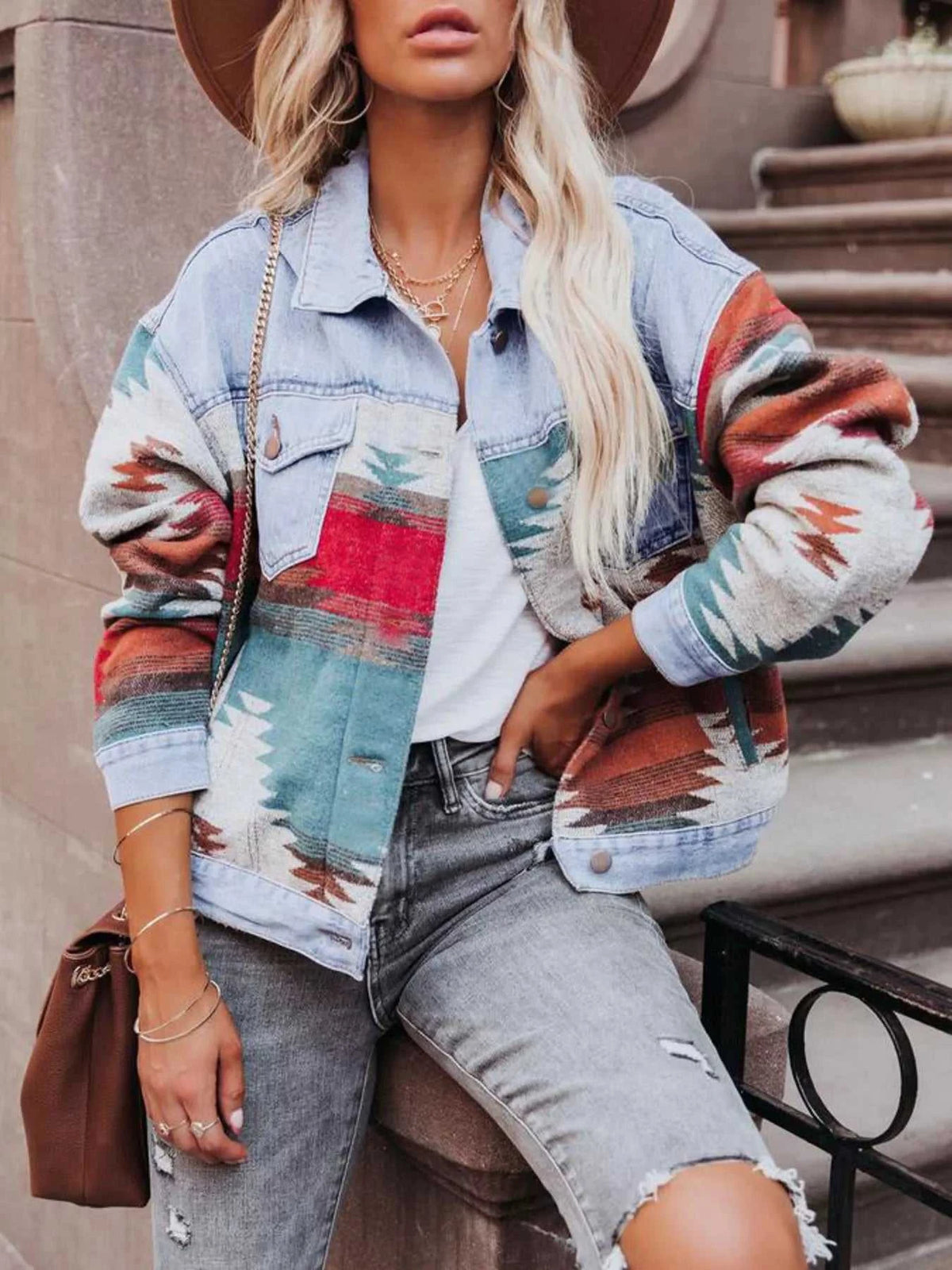 Geometric Print Denim Jacket 100100741713298 68 Affordable Fashion Under $100 Jerry's Apparel 