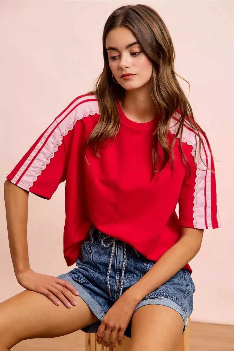 BiBi French Terry Side Lace Detail Short Sleeves Top 100100237661933 42 Jerry's Apparel 